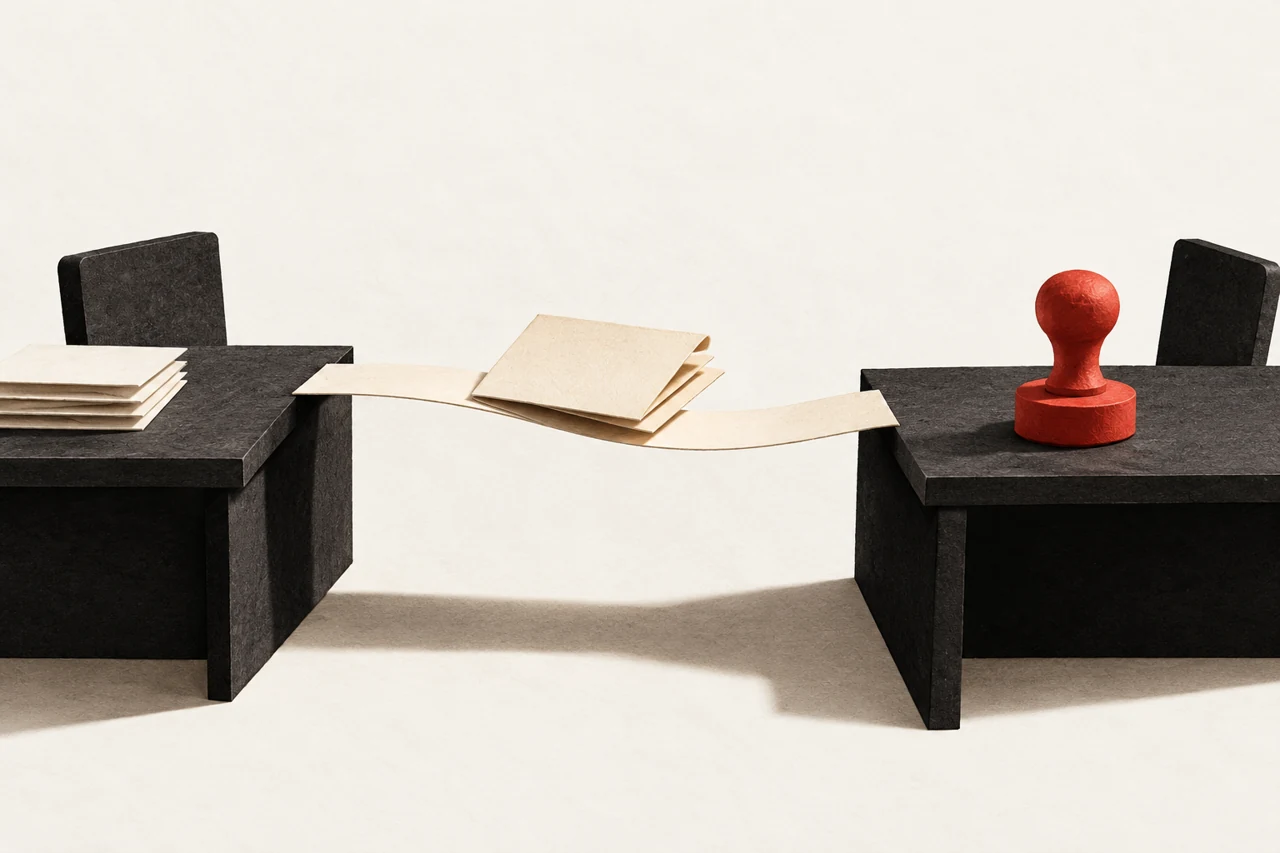 Uma pasta de papel atravessa uma ponte entre duas mesas escuras; um carimbo vermelho permanece apenas na mesa de destino.