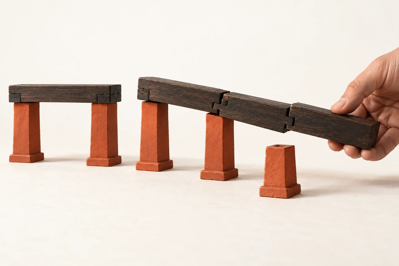 Suporte de terracota vermelho deslocado sob vigas de madeira interligadas; a estrutura vizinha permanece apoiada.