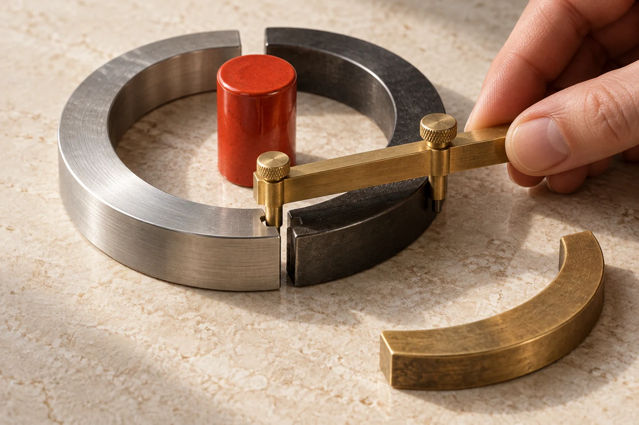 Segmentos metálicos próximos de um pino cerâmico vermelho e uma mão conferindo a união com um gabarito.