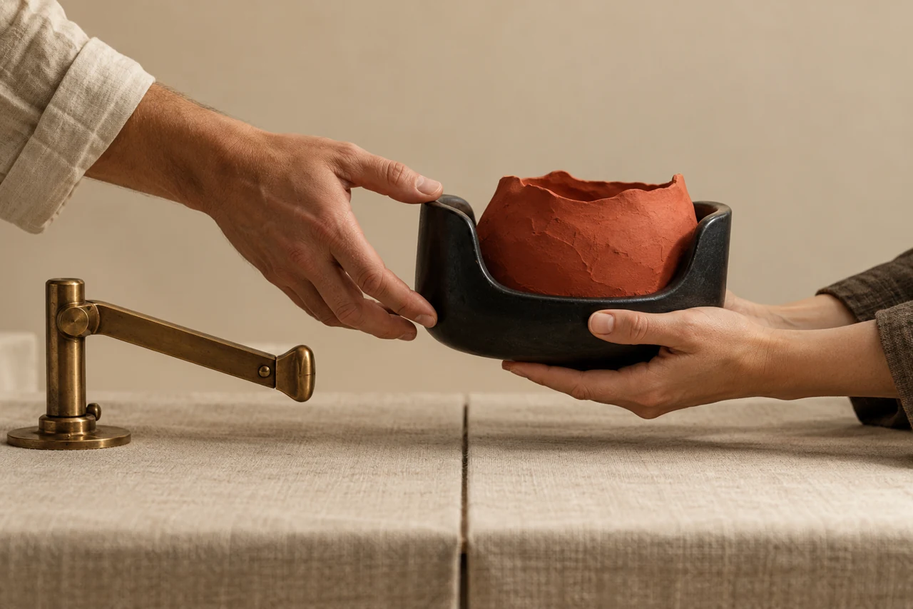 Duas mãos transferem um berço cerâmico com uma forma de argila vermelha; um braço de retenção está afastado.
