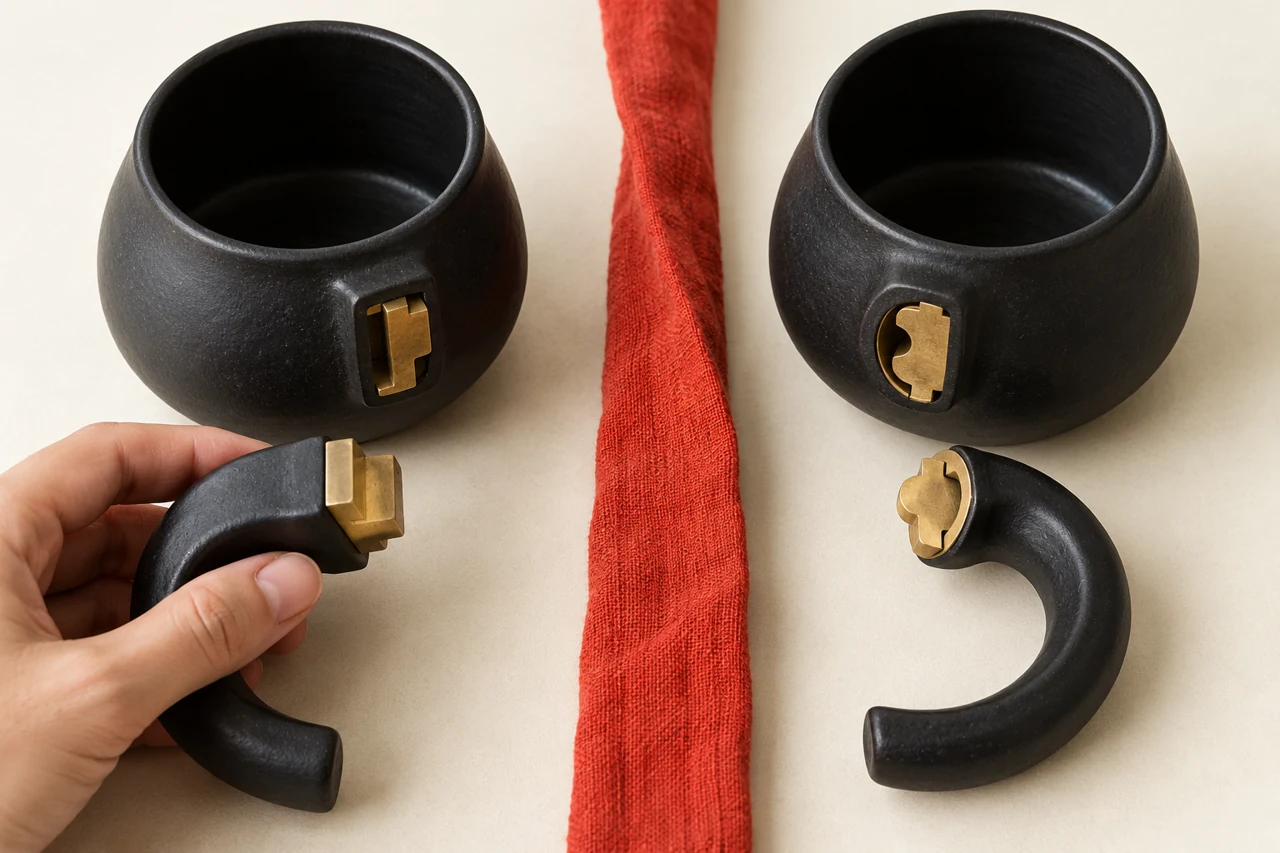 Duas alças cerâmicas semelhantes com encaixes diferentes junto a recipientes separados por cordão vermelho.
