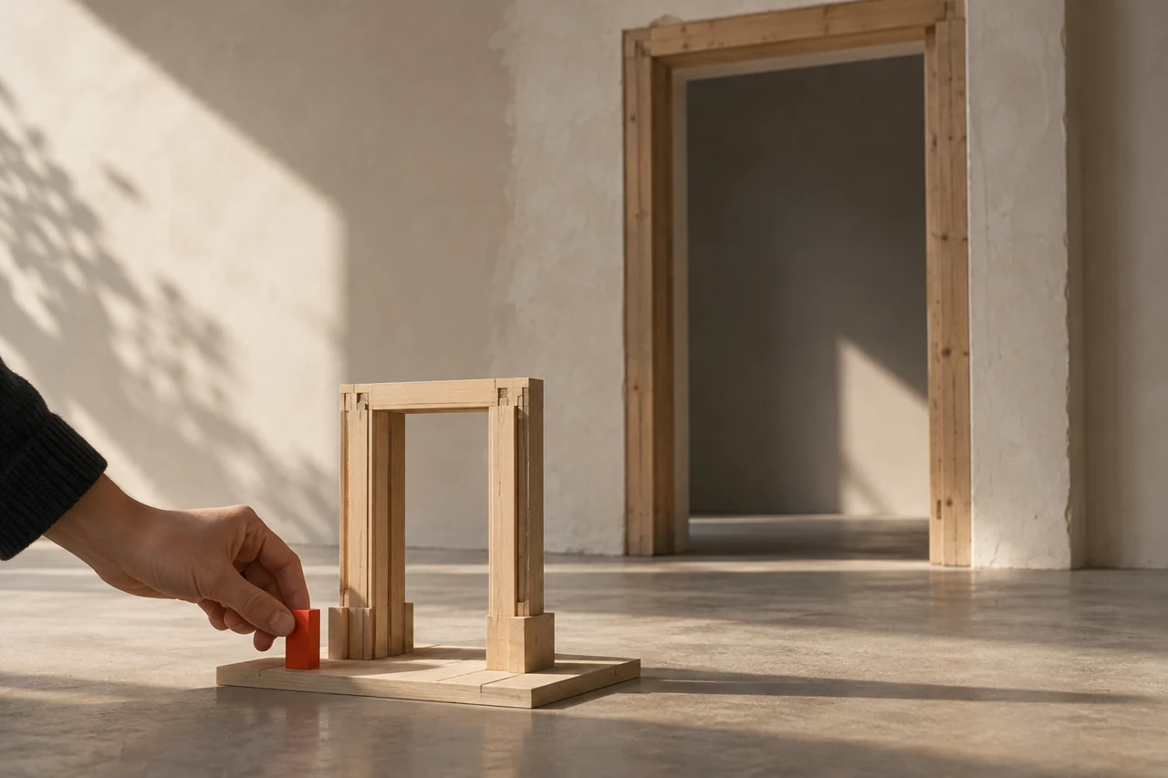 Maquete de passagem diante de um vão vazio; uma mão move um marcador vermelho ao lado da maquete.