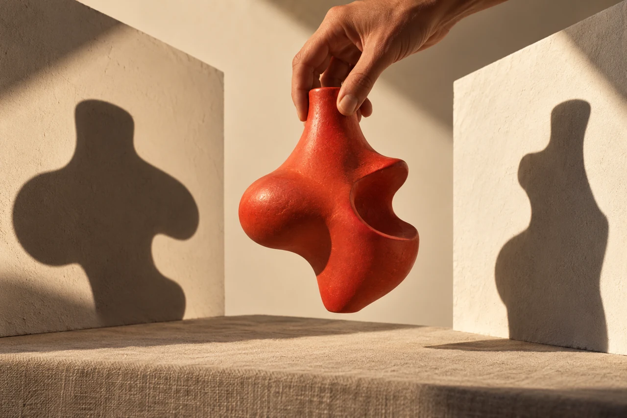 Forma cerâmica vermelha entre duas sombras distintas, com uma mão junto à peça real.