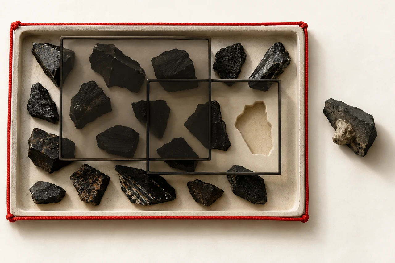 Fragmentos minerais em uma bandeja sob molduras de vidro fumê; um fragmento não se encaixa na cavidade final.